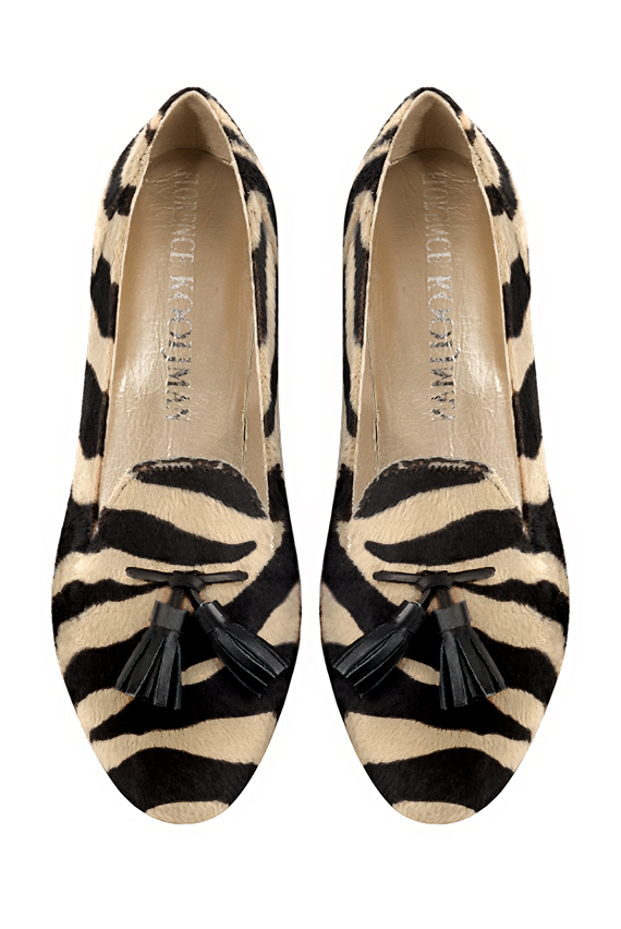 Safari black women's loafers with pompons. Round toe. Flat leather soles. Top view - Florence KOOIJMAN